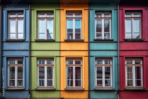 Facade of the building with colorful rainbow painted windows. Front view of the house with colored windows. Creative architectural wallpaper. Generative AI photo imitation. © SnowElf