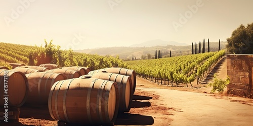 AI Generated. AI Generative. Vintage vineyard wine barrel industry with wine grape field nature outdoor plant. Graphic Art