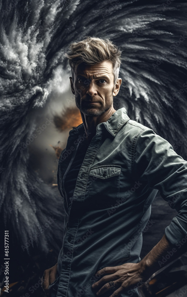 A tornado chaser poses in the eye of the storm