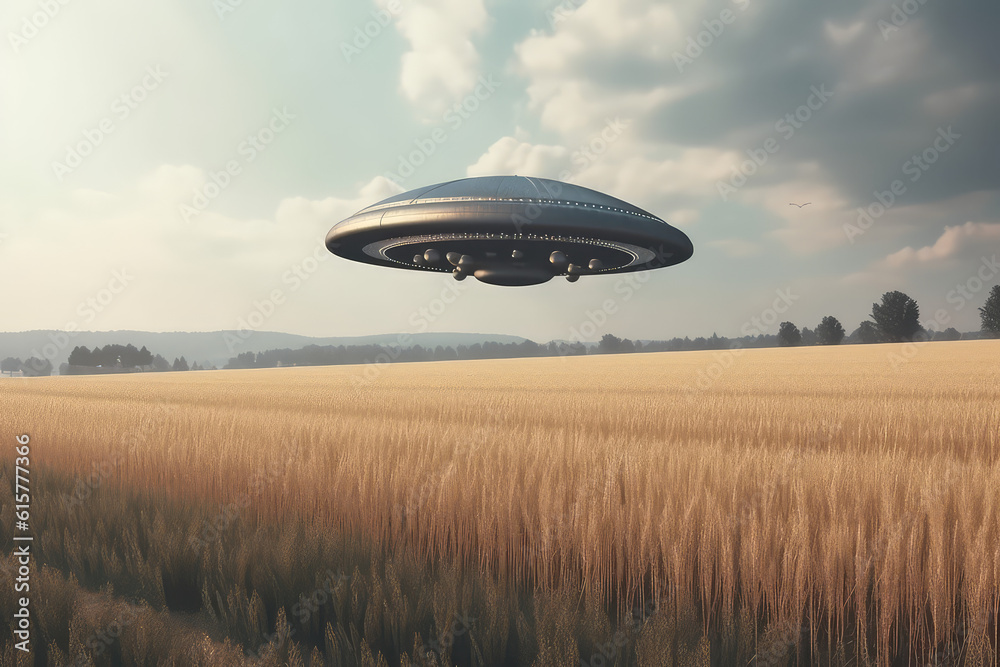A flying saucer floats in the autumn sky over big field on a cloudy day. A UFO hovered over a field, nobody. Generative AI photo imitation.