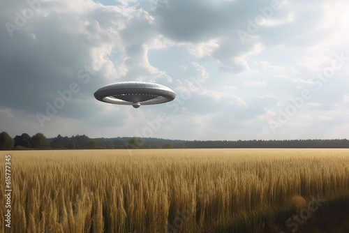 A flying saucer floats in the sky over a field on a cloudy day. A UFO hovered over a field, nobody. Generative AI photo imitation.