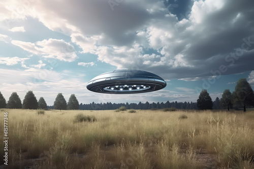 A flying saucer floats in the sky over a field on a cloudy day. A metal UFO hovered over a field  nobody. Generative AI photo imitation.