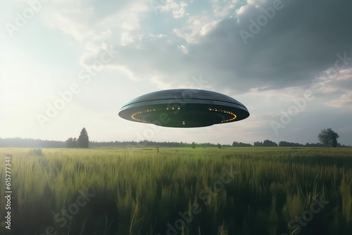 A flying saucer floats in the sky over a green field on a cloudy day. A UFO hovered over a field  nobody. Generative AI photo imitation.