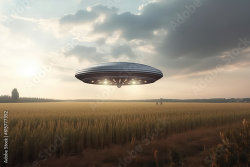 A flying saucer floats in the sky over a field on a cloudy day. A UFO hovered over a field  nobody. Generative AI photo imitation.