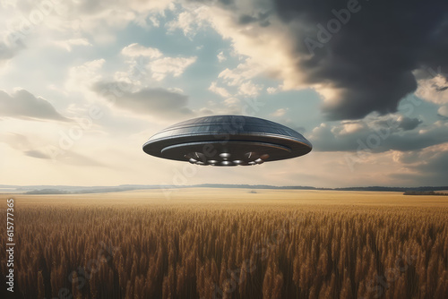 A flying saucer floats in the rainy sky over a field on a cloudy rainy day. A UFO hovered over a field, nobody. Generative AI photo imitation.
