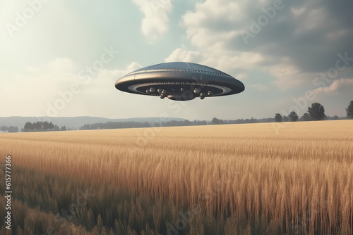 A flying saucer floats in the autumn sky over big field on a cloudy day. A UFO hovered over a field, nobody. Generative AI photo imitation.