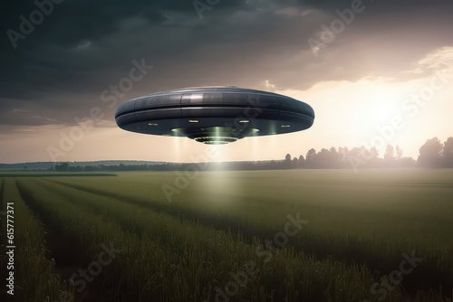 A flying saucer floats in the rainy sky over a field on a cloudy day. A UFO hovered over a field  nobody. Generative AI photo imitation.