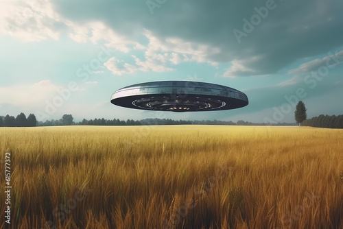 A flying saucer floats in the autumn sky over yellow field on a cloudy day. A UFO hovered over a field, nobody. Generative AI photo imitation.