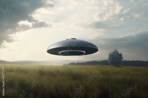 A flying saucer floats in the cloudy sky over a field on a cloudy day. A UFO hovered over a field  nobody. Generative AI photo imitation.