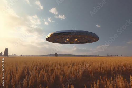 A flying metal big saucer floats in the cloudy sky over a field on a cloudy day. A UFO hovered over a field, nobody. Generative AI photo imitation.