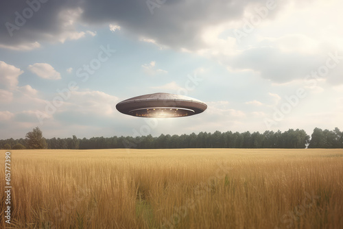 A flying saucer floats in the rainy sky over big field on a cloudy day. A UFO hovered over a field  nobody. Generative AI photo imitation.