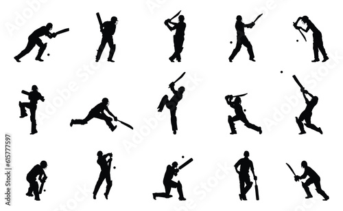 Cricket player silhouette, men's cricket batsman and male cricket player silhouette on white background.