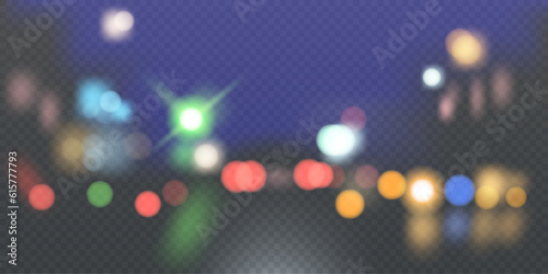 Blurred defocused glowing lights of car lights on a wet rainy road. Vector background of the night city.