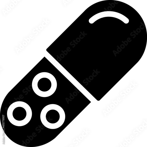 Medicament black glyph icon. Capsule pill. Solid dosage form. Oral medication. Medical treatment and therapy. Silhouette symbol on white space. Solid pictogram. Vector isolated illustration