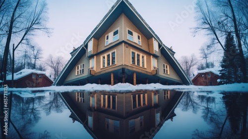 Imprint of the house on the water. Upside down house. Generative AI