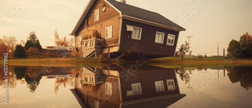 Imprint of the house on the water. Upside down house. Generative AI