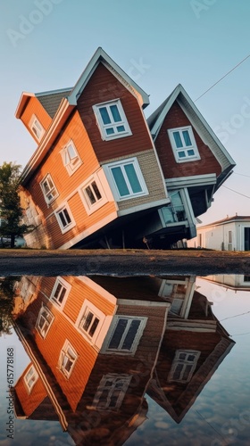Imprint of the house on the water. Upside down house. Generative AI