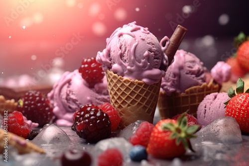 Assorted berry and chocolate ice cream summer dessert  by generative ai