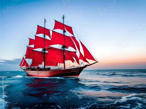 Fotografia Generative AI.  Ancient ship with scarlet sails