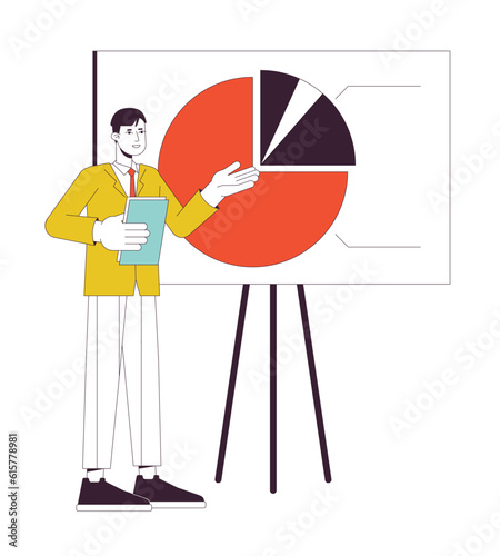 Spokesperson giving presentation flat line color vector character. Editable outline full body person on white. Seminar sales meeting simple cartoon spot illustration for web graphic design