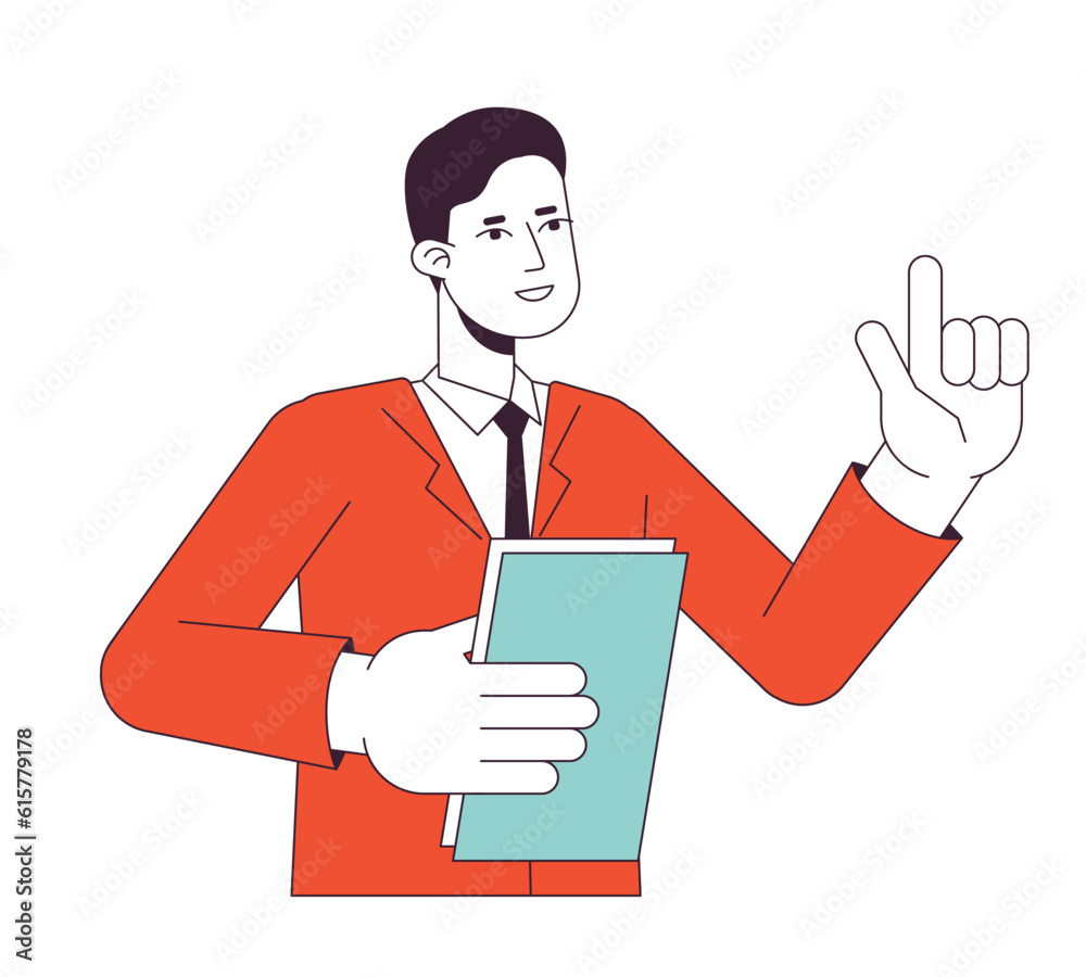 Male tutor explaining with raised finger flat line color vector character. Editable outline half body person on white. Man holding paperwork simple cartoon spot illustration for web graphic design Male tutor explaining with raised finger flat line color vector character. Editable outline half body person on white. Man holding paperwork simple cartoon spot illustration for web graphic design