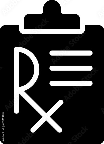 Medical prescription black glyph icon. Disease treatment. Medication therapy. Abbreviation. Drug for patient to take. Silhouette symbol on white space. Solid pictogram. Vector isolated illustration