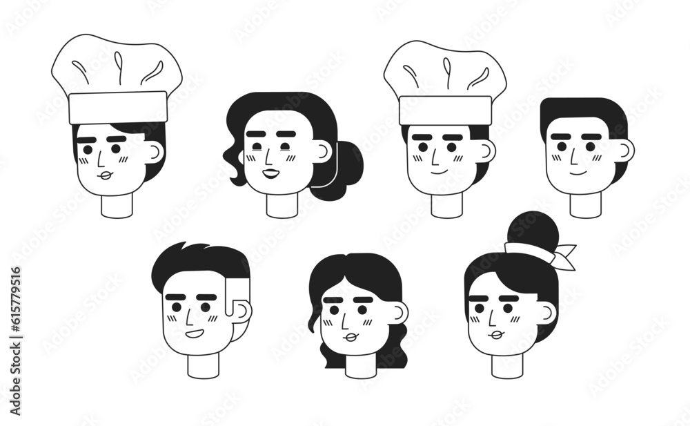 Chefs faces monochrome flat linear character heads bundle. Cooking characters. Editable outline people icons. Line users faces. 2D cartoon spot vector avatar illustration pack for animation Chefs faces monochrome flat linear character heads bundle. Cooking characters. Editable outline people icons. Line users faces. 2D cartoon spot vector avatar illustration pack for animation
