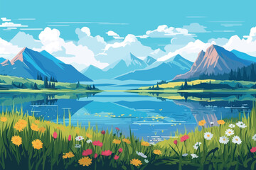 Gordijnen Koraalgroen landscape with lake and mountains  © STF Design 