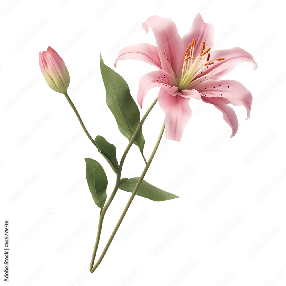 pink lily flower stalk with leaves , isolated on transparent background cutout 