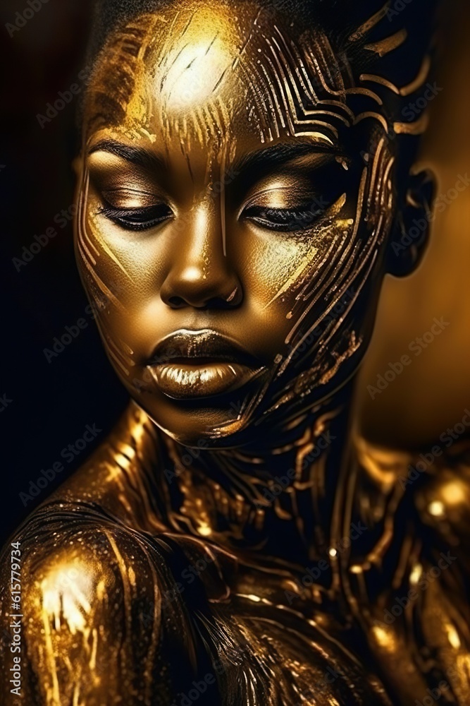 Golden Goddess: Stunning Model with Impressive Face and Body Painting in Gold Golden Goddess: Stunning Model with Impressive Face and Body Painting in Gold