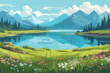 Gordijnen Koraalgroen landscape with lake and mountains  © STF Design 
