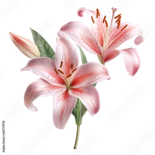 pink lily flower stalk with leaves , isolated on transparent background cutout 