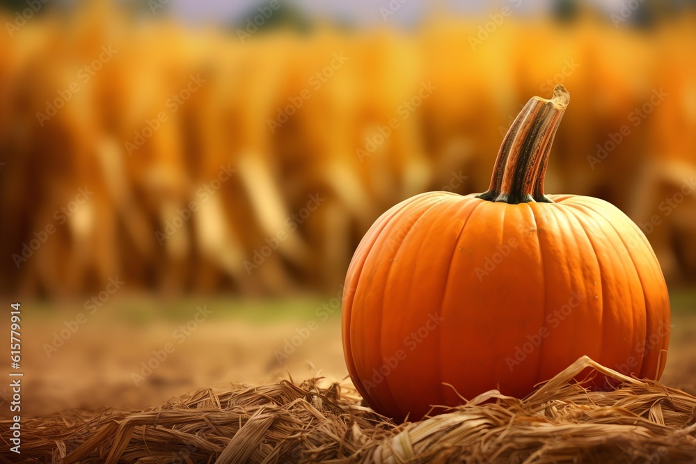 A ripe pumpkin brightly colored on a hay bale wallpaper