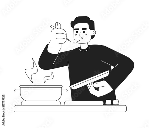 Male chef taste food monochromatic flat vector character. Editable thin line half body caucasian man with steel spoon hold lid on white. Simple bw cartoon spot image for web graphic design