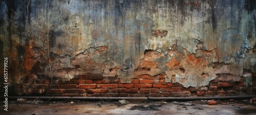Cracked brick plaster wall industrial background. Generative AI technology.