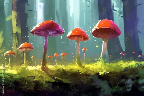 A row of whimsical brightly colored toadstool mushroom