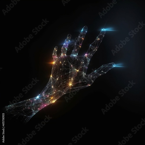 Ethereal Hologram Digital Hand on Dark Background. Generative AI