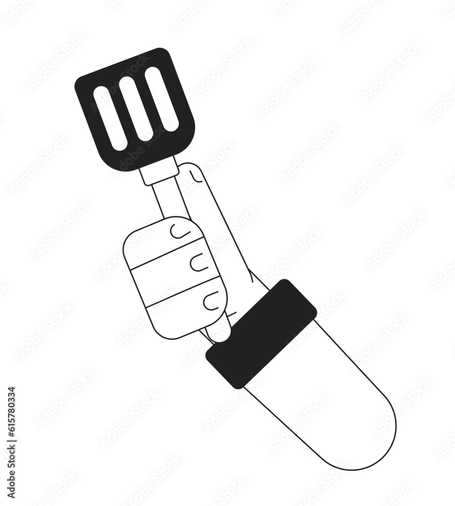 Chef hand hold spatula flat monochrome flat vector object. Cooking utensil. Kitchen tool. Editable black and white thin line icon. Simple cartoon clip art spot illustration for web graphic design Chef hand hold spatula flat monochrome flat vector object. Cooking utensil. Kitchen tool. Editable black and white thin line icon. Simple cartoon clip art spot illustration for web graphic design
