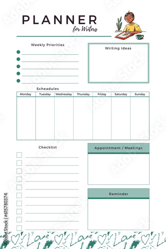 Writer planner digital printable blank template insert