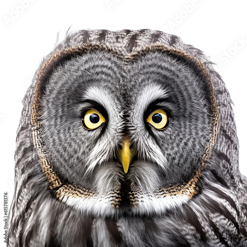great gray owl face shot , isolated on transparent background cutout 