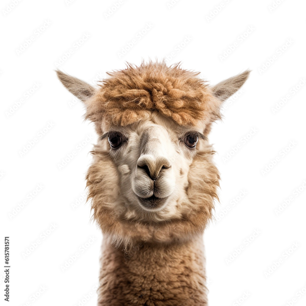alpaca face shot , isolated on transparent background cutout - obrazy, fototapety, plakaty 