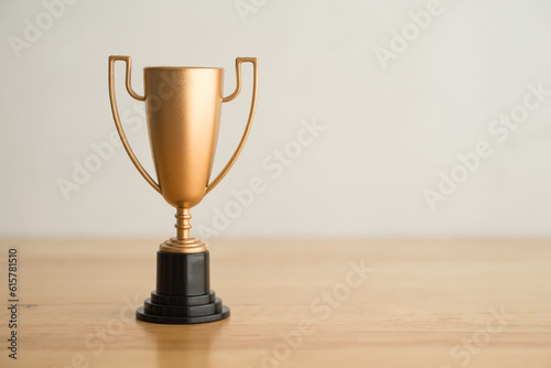 Champion victory golden trophy toy model on wooden with white wall background copy space. Concept of champion  winner  top  successful competition in business  financial  marketing  investment  sport.