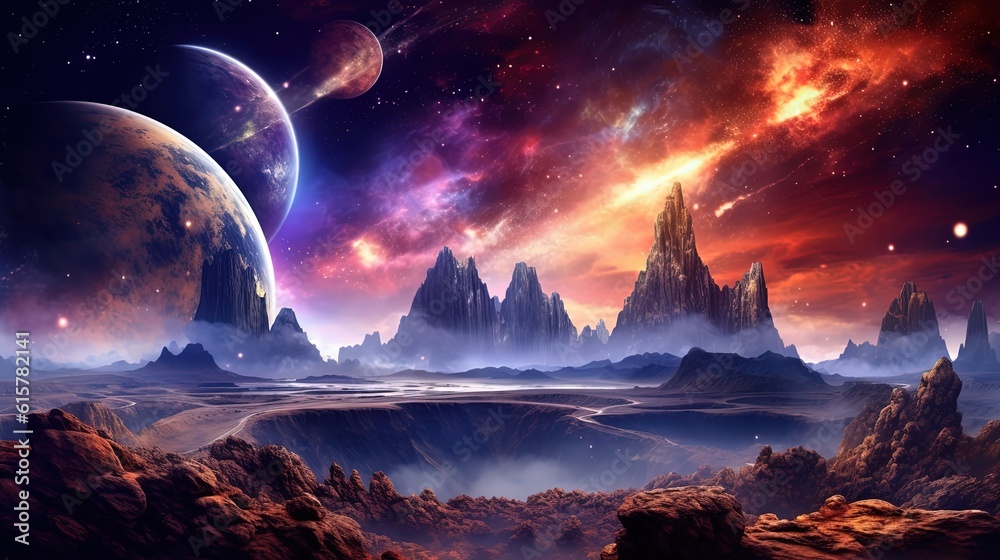 art illustration banner background panorama nature landscape with galaxy sky, Generative Ai