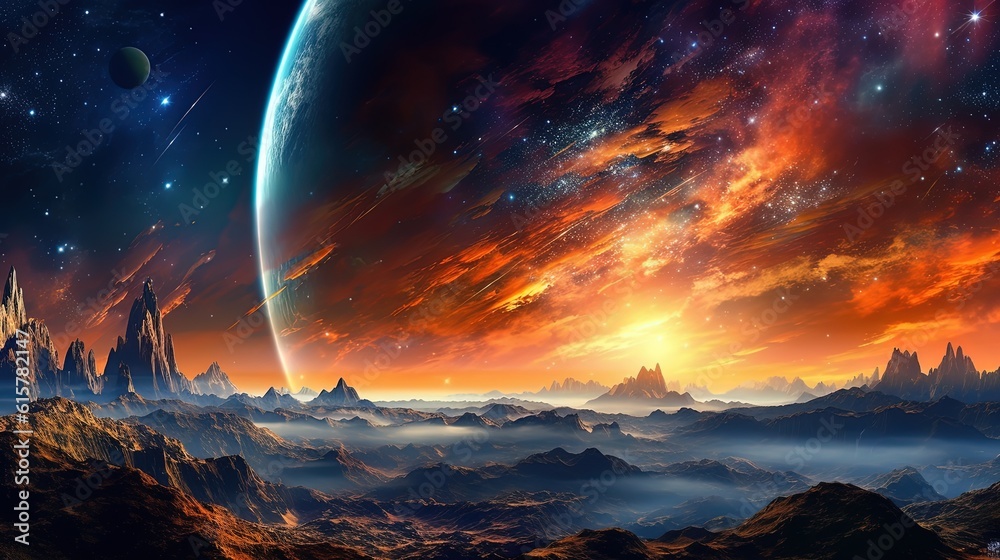 art illustration banner background panorama nature landscape with galaxy sky, Generative Ai