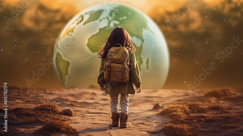 Fototapeta Naklejka Na Ścianę i Meble -   a girl walking on dirt road with earth planet on background, Generative Ai