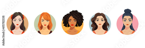 Vector Woman Avatar Set. Beautiful Young Girls Portrait Collection, Different Hairstyle. Female Face Types, Different Nationalities Portraits. Cartoon Multiethnic Society in Flat Style. Front View