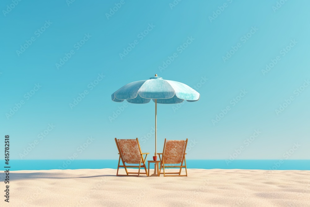  Umbrella and two chairs on the beach prepared for sunbathing by the water by generative ai
