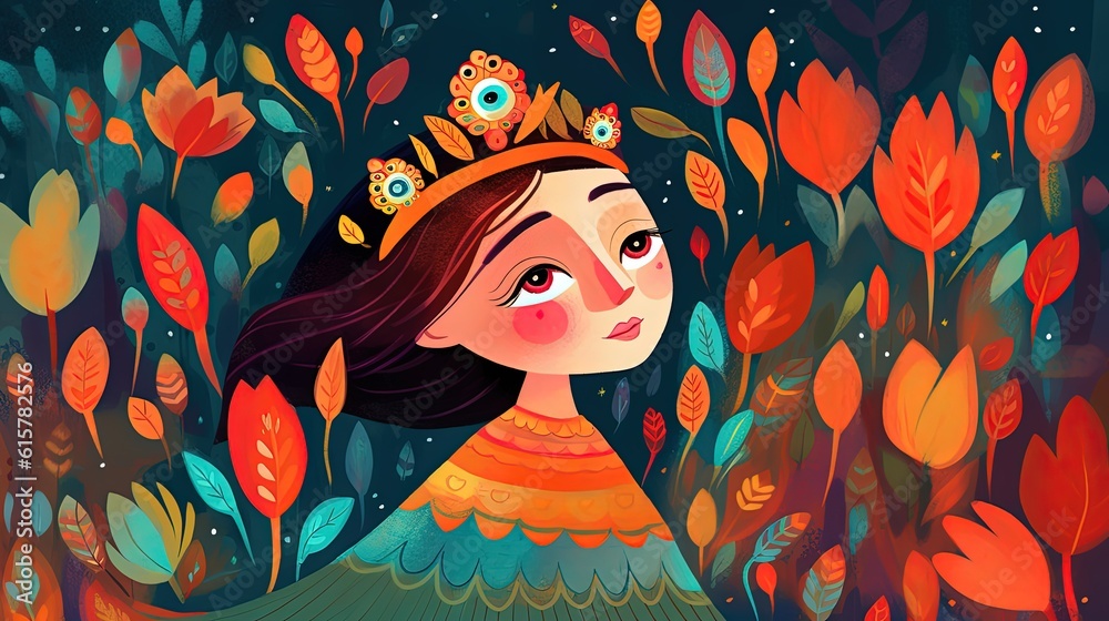 cute fairytale children book style illustration character art, cute fairytale tribal queen, Generative Ai cute fairytale children book style illustration character art, cute fairytale tribal queen, Generative Ai