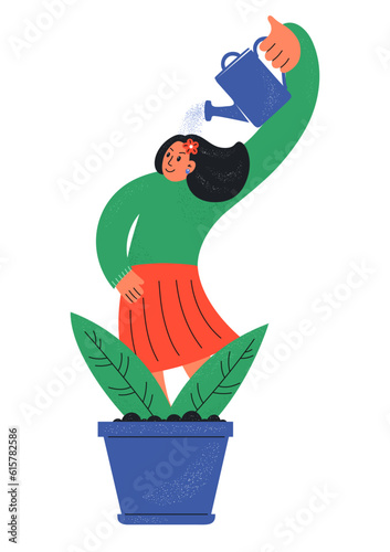 Woman in flowerpot watering herself. Selfcare, personal self-development concept. 