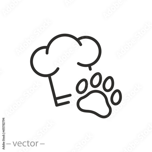 pet food icon, dog or cat chef, chef cap with animal paw, thin line symbol - editable stroke vector illustration